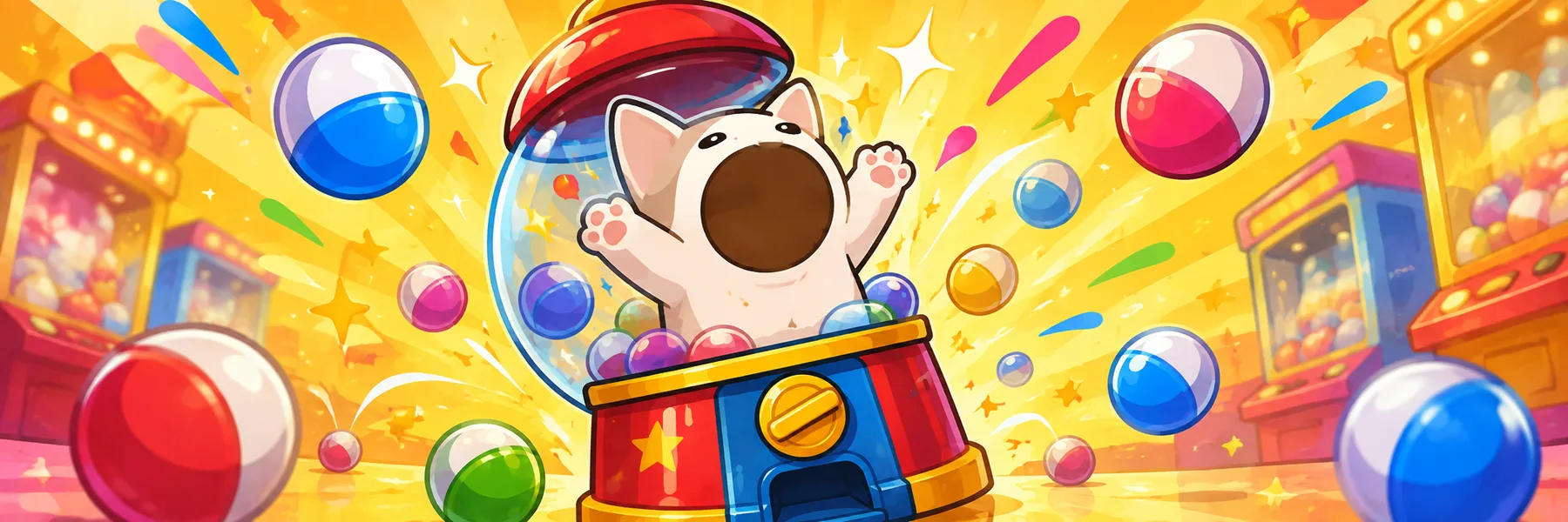Popcat celebrating on top of a gacha machine surrounded by flying capsules
